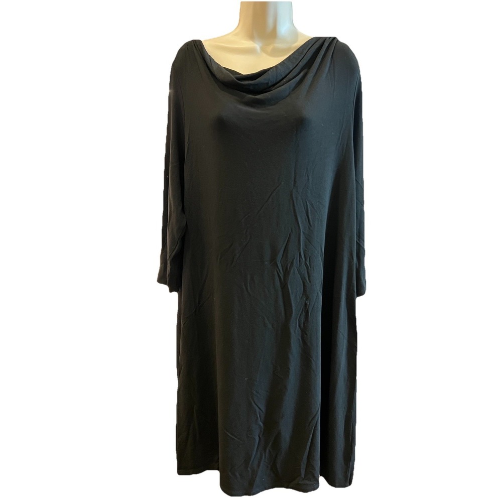 Eileen Fisher XL Cowl Neck Black Jersey Midi Dress 3/4 Sleeve